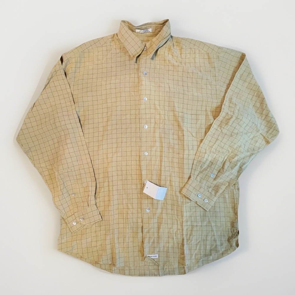 Burma Bibas Classics Mens Medium Tan Windowpane Rayon Button‎ Down Shirt New